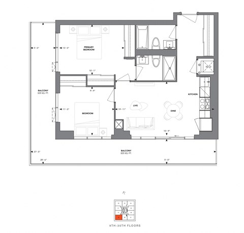 Floor plan for 2 beds, 2 baths, 784 sqft